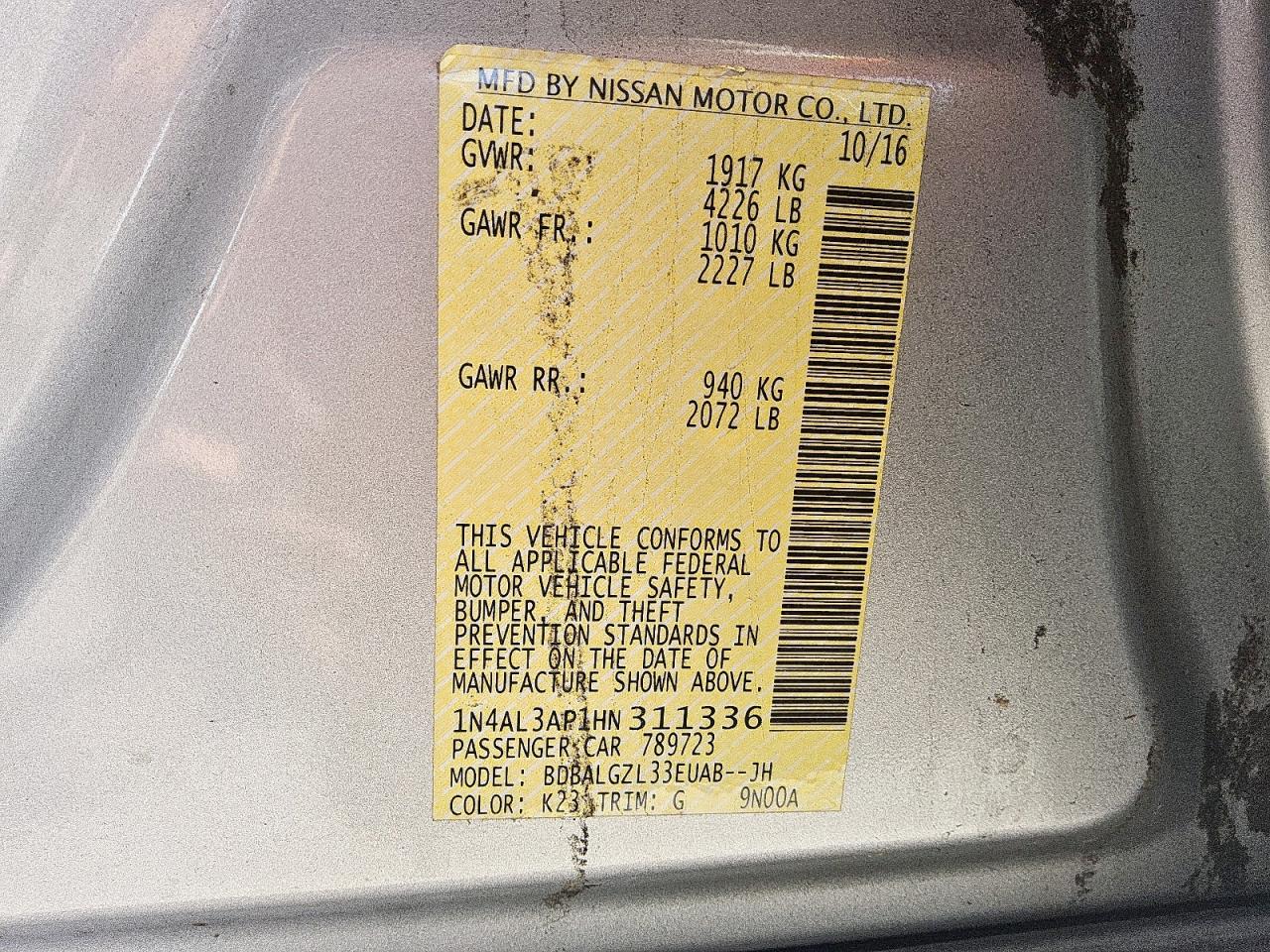 2017 Nissan Altima 2.5 VIN: 1N4AL3AP1HN311336 Lot: 61156045