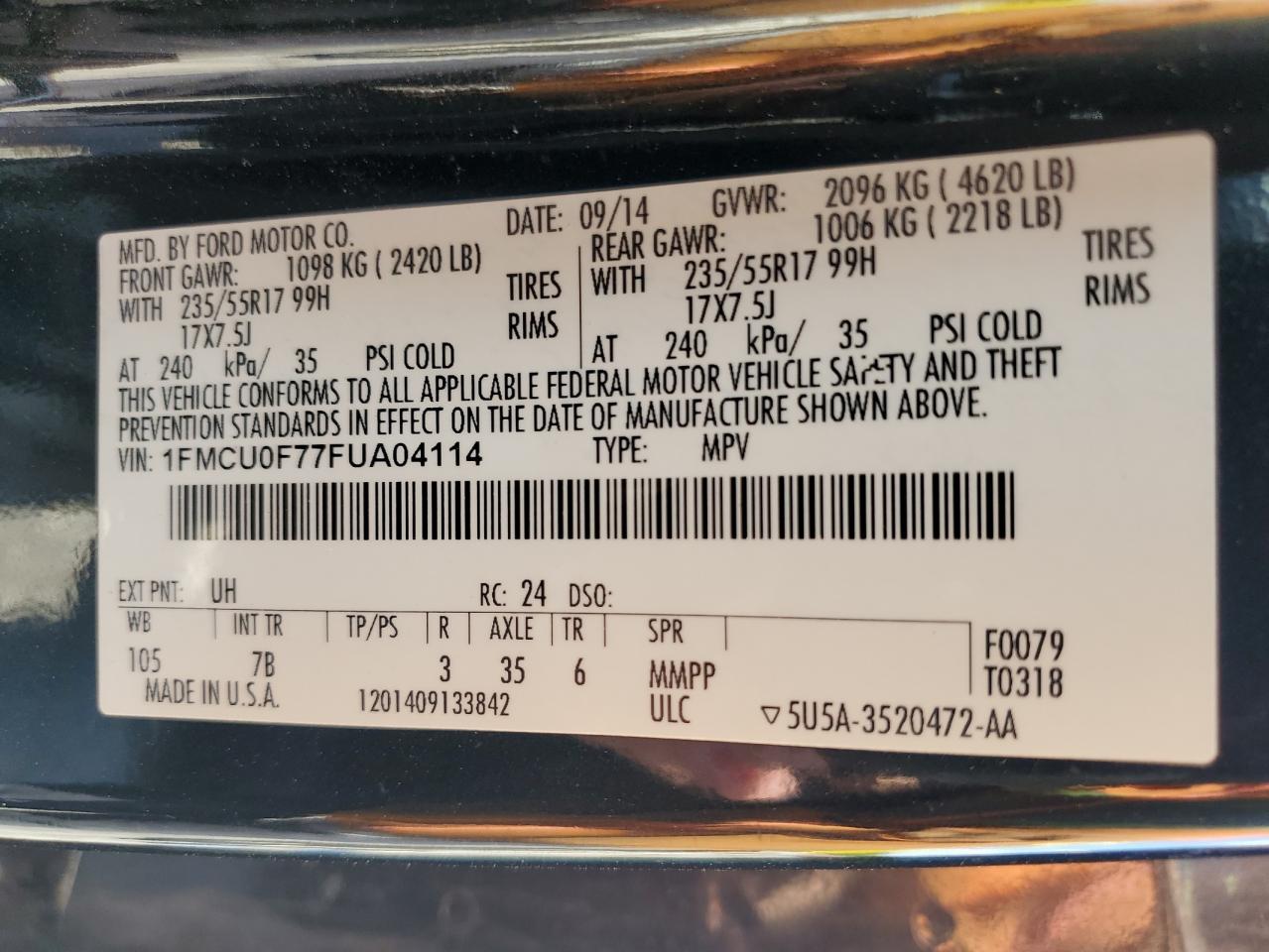 2015 Ford Escape S VIN: 1FMCU0F77FUA04114 Lot: 62955365
