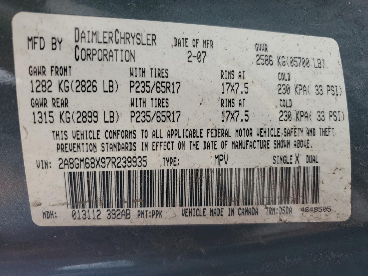 2007 Chrysler Pacifica Touring VIN: 2A8GM68X97R239935 Lot: 62839405