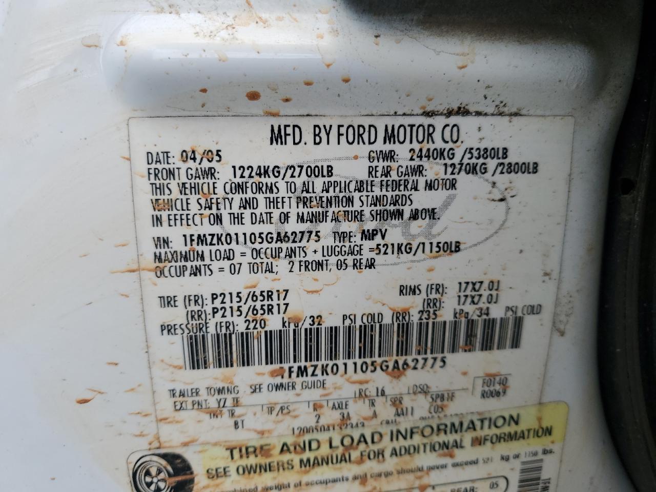 2005 Ford Freestyle Se VIN: 1FMZK01105GA62775 Lot: 60251845