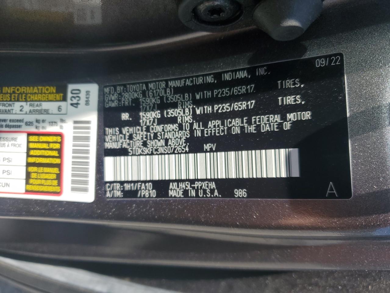 2022 Toyota Sienna Le VIN: 5TDKSKFC3NS072654 Lot: 62130095