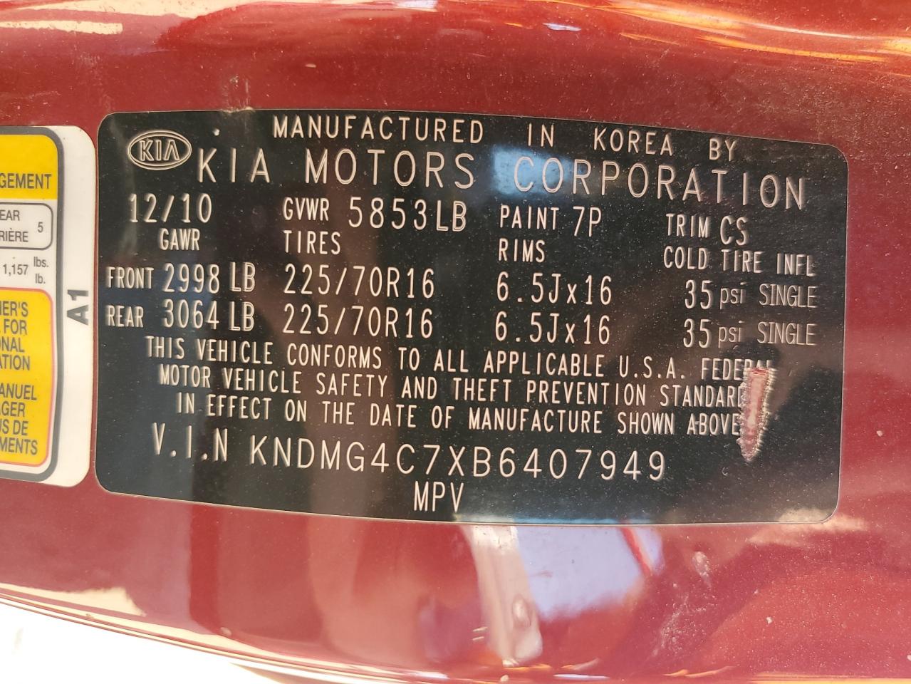 2011 Kia Sedona Lx VIN: KNDMG4C7XB6407949 Lot: 60655265