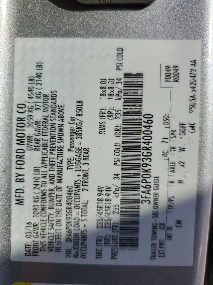 2016 Ford Fusion Titanium VIN: 3FA6P0K93GR400460 Lot: 62360505