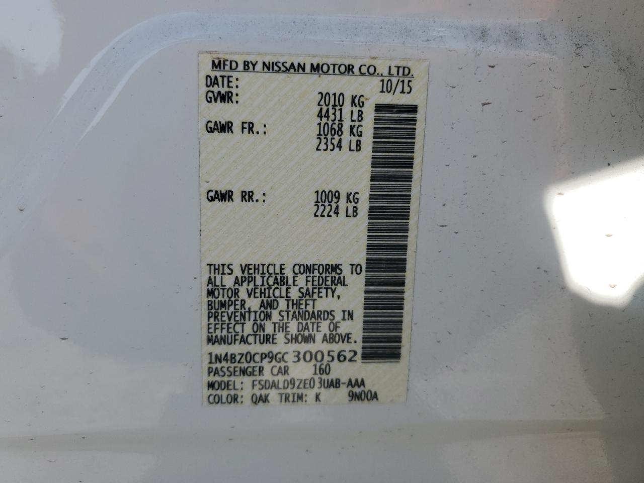 2016 Nissan Leaf Sv VIN: 1N4BZ0CP9GC300562 Lot: 62375985