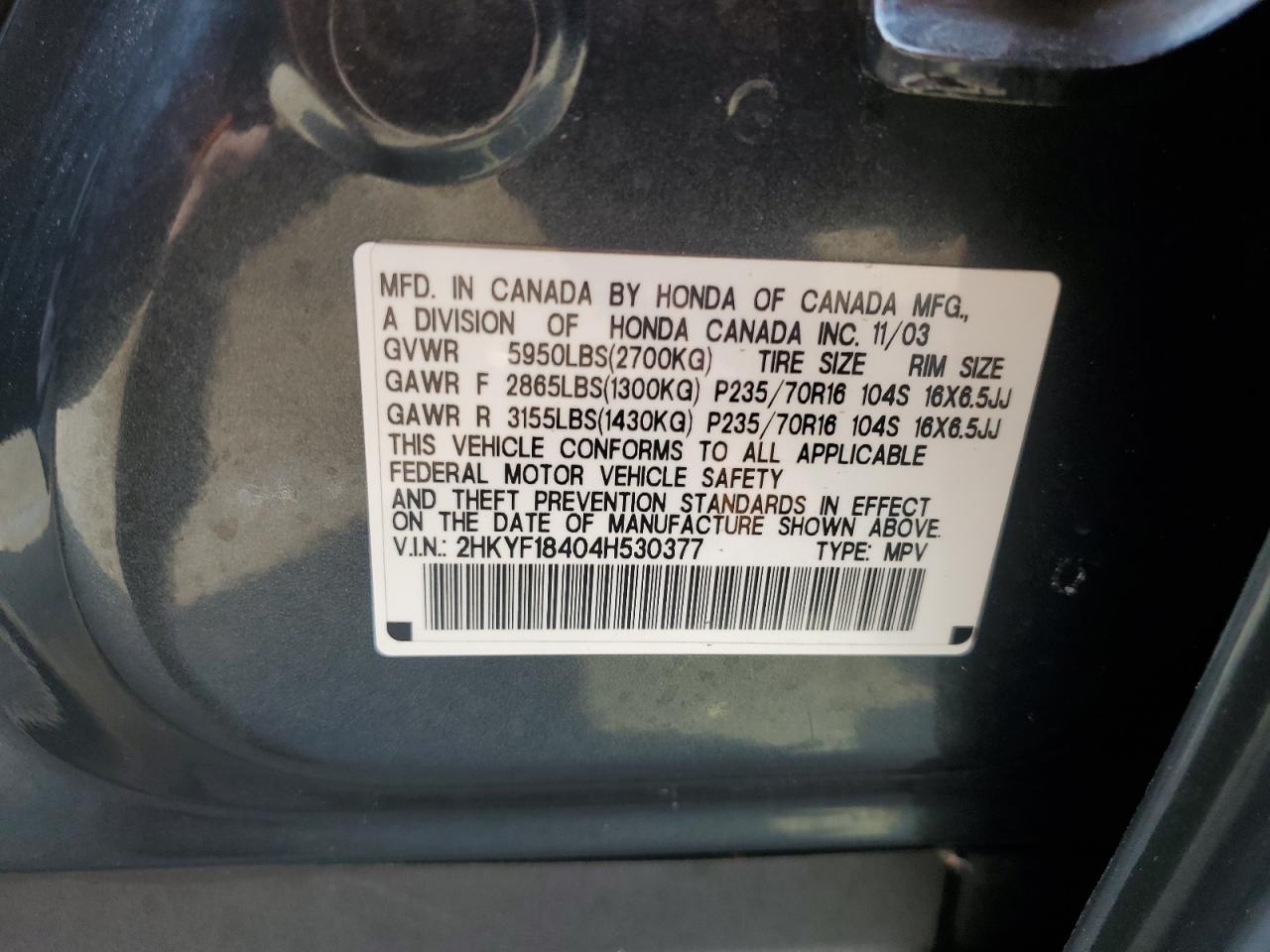 2004 Honda Pilot Ex VIN: 2HKYF18404H530377 Lot: 60623695