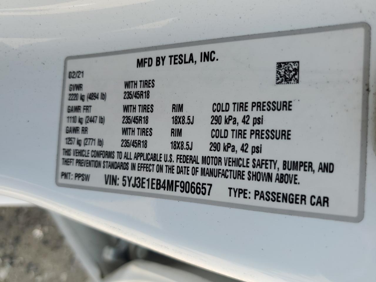 TESLA MODEL 3 2021 VIN 5YJ3E1EB4MF906657 фото 12