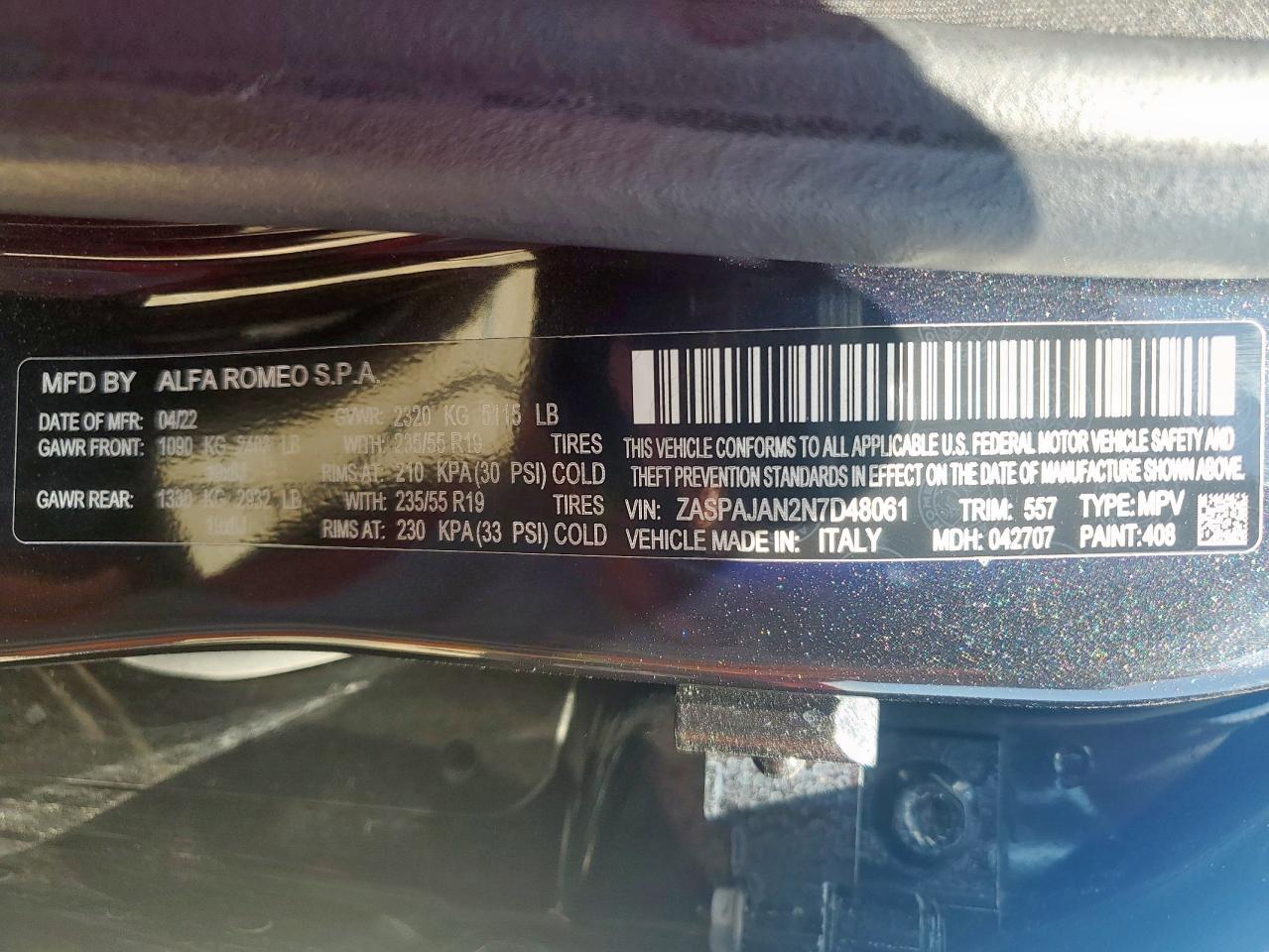 2022 Alfa Romeo Stelvio VIN: ZASPAJAN2N7D48061 Lot: 61201005