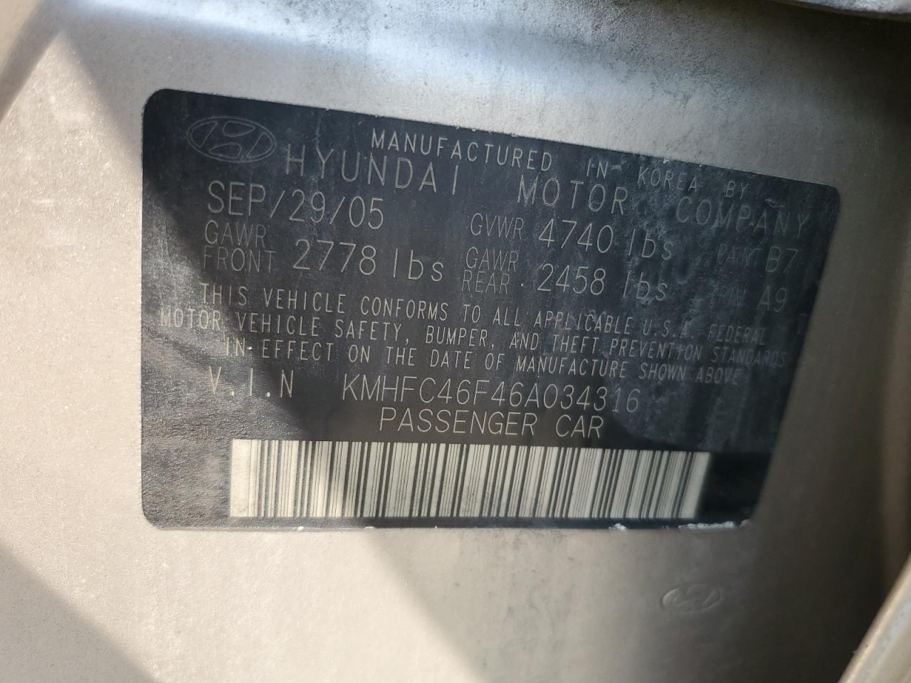 2006 Hyundai Azera Se VIN: KMHFC46F46A034316 Lot: 61857655