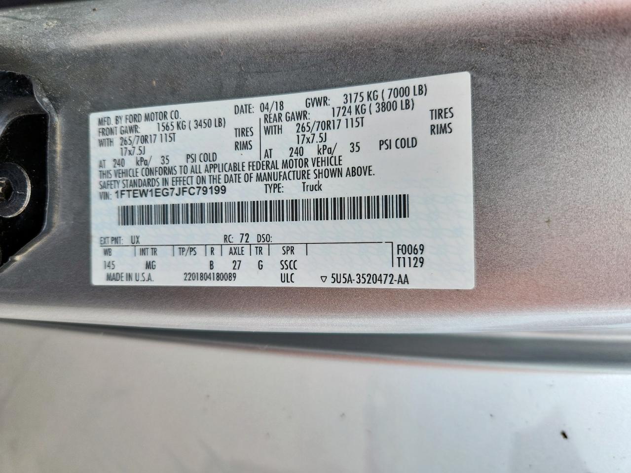 2018 Ford F150 Supercrew VIN: 1FTEW1EG7JFC79199 Lot: 61283735