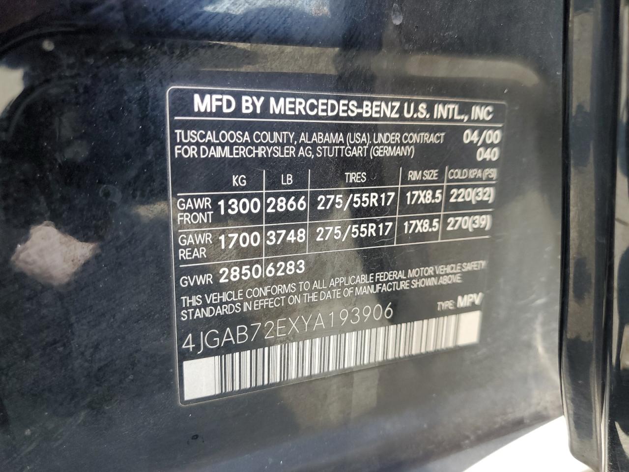 2000 Mercedes-Benz Ml 430 VIN: 4JGAB72EXYA193906 Lot: 62025125