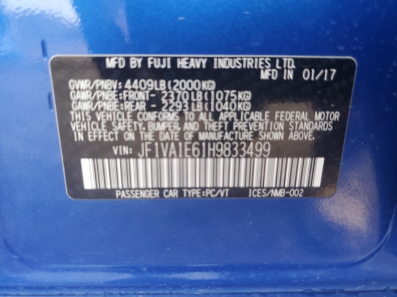 2017 Subaru Wrx Premium VIN: JF1VA1E61H9833499 Lot: 61992465