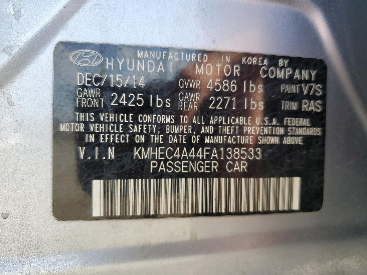 2015 Hyundai Sonata Hybrid VIN: KMHEC4A44FA138533 Lot: 60857995