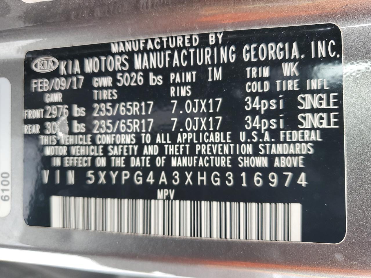 2017 Kia Sorento Lx VIN: 5XYPG4A3XHG316974 Lot: 63234575