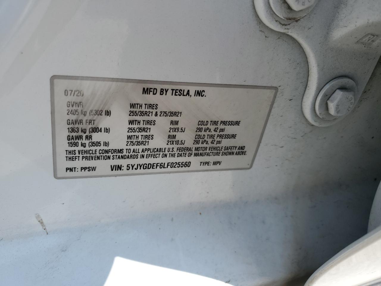 2020 Tesla Model Y VIN: 5YJYGDEF6LF025560 Lot: 62418745