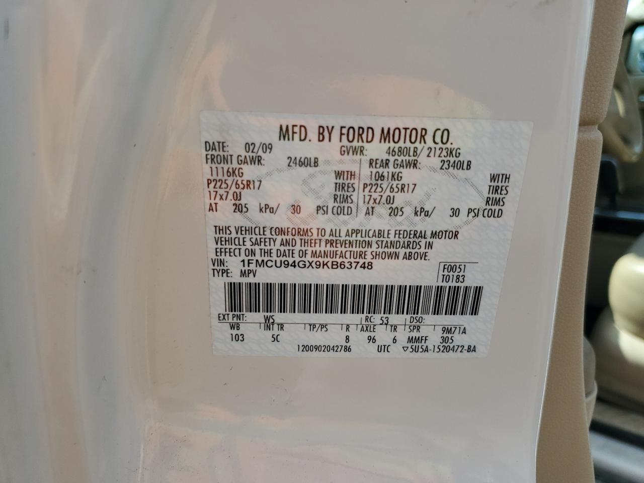 2009 Ford Escape Limited VIN: 1FMCU94GX9KB63748 Lot: 62128665