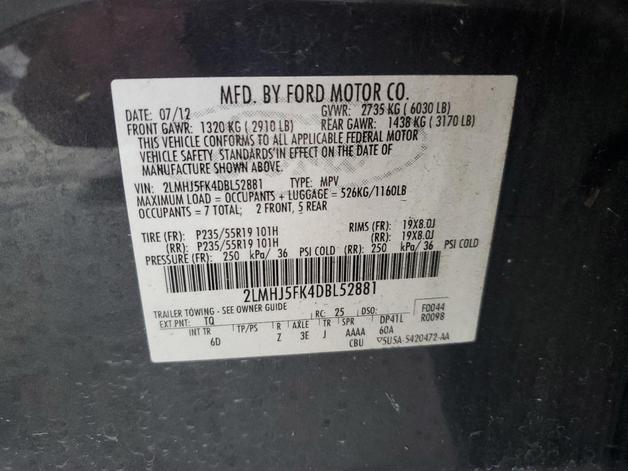 2013 Lincoln Mkt VIN: 2LMHJ5FK4DBL52881 Lot: 62282305