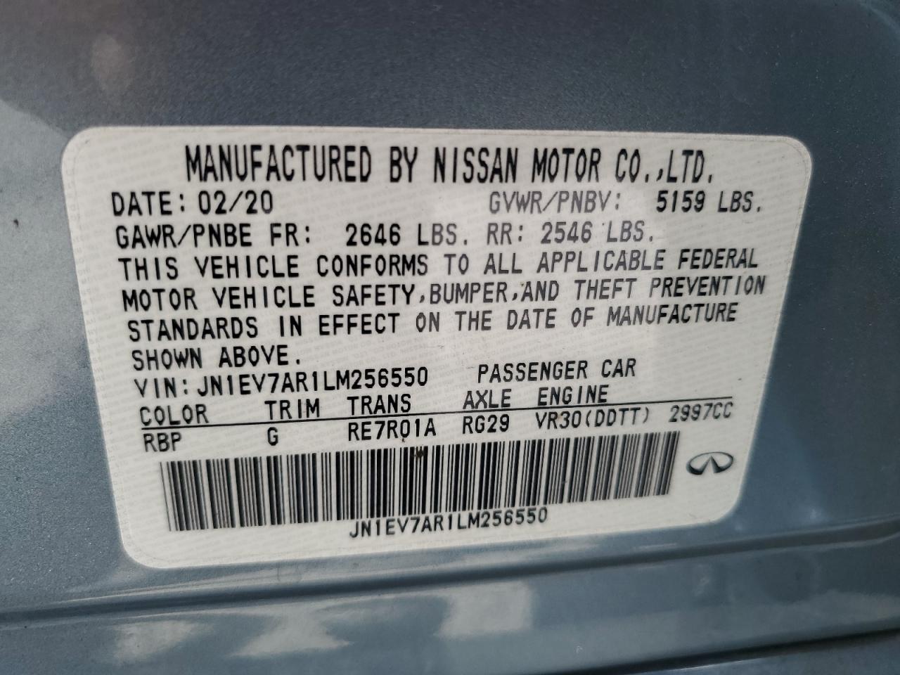 2020 Infiniti Q50 Pure VIN: JN1EV7AR1LM256550 Lot: 61920895