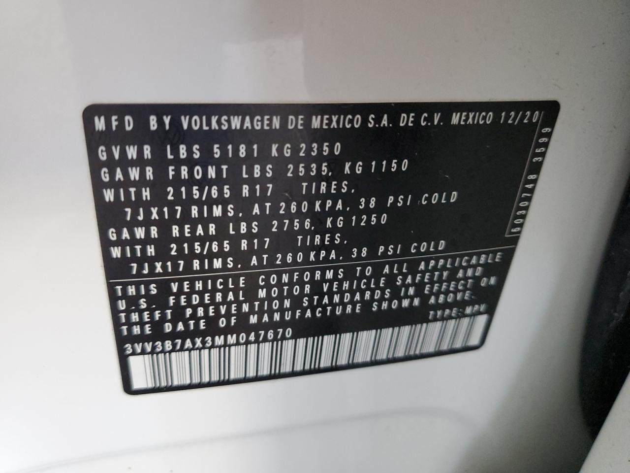 VOLKSWAGEN TIGUAN 2021 VIN 3VV3B7AX3MM047670 фото 13
