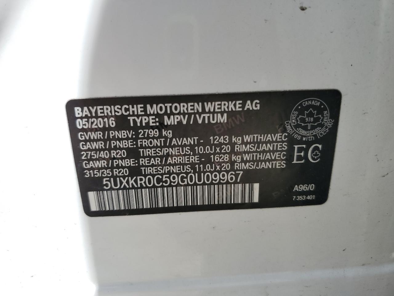 2016 BMW X5 xDrive35I VIN: 5UXKR0C59G0U09967 Lot: 61355685