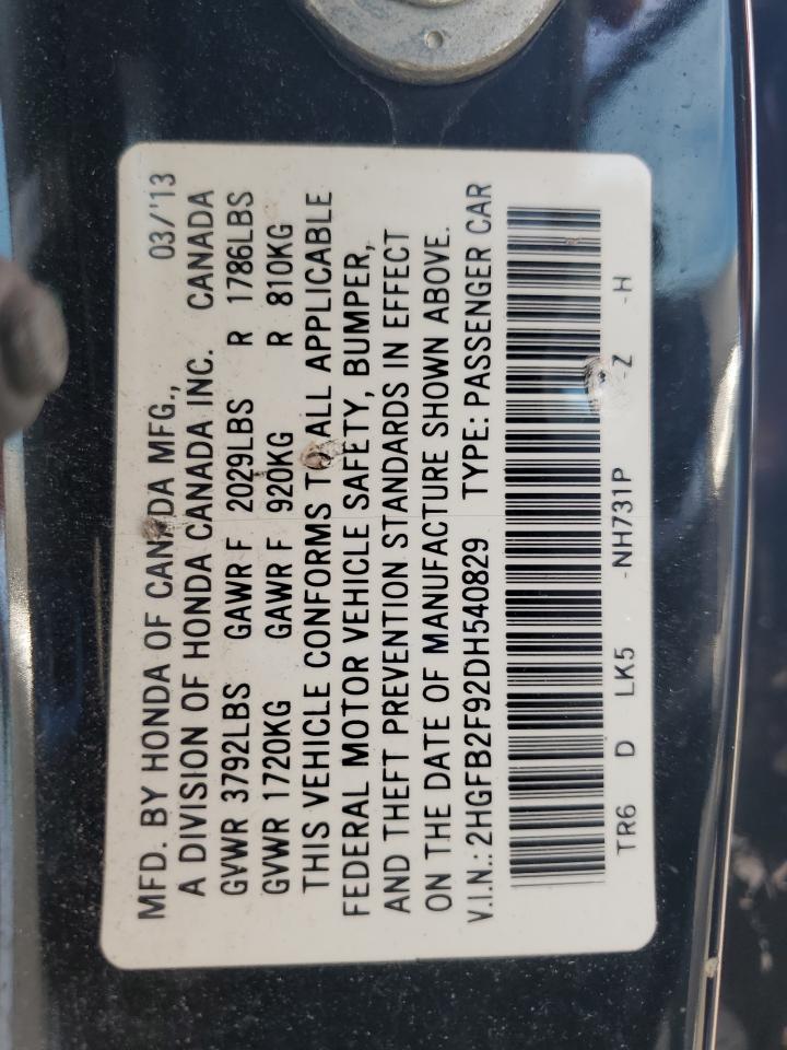 2013 Honda Civic Exl VIN: 2HGFB2F92DH540829 Lot: 62496525