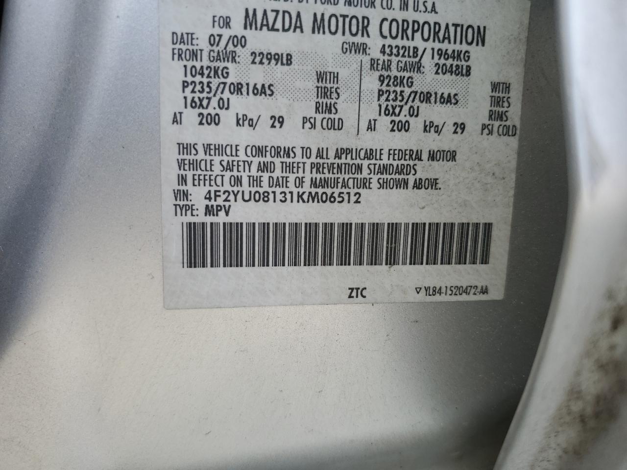 2001 Mazda Tribute Lx VIN: 4F2YU08131KM06512 Lot: 62387305