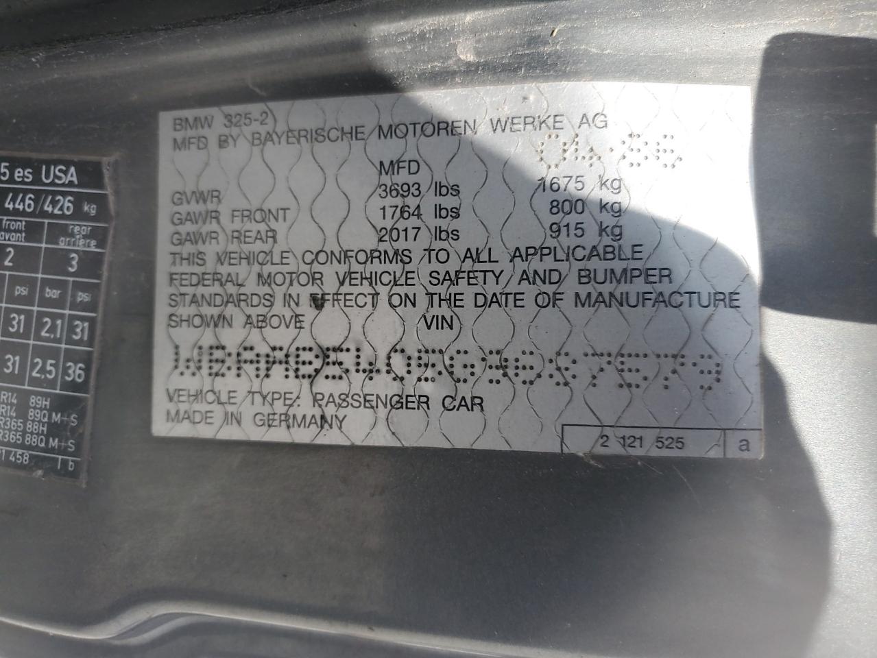 1986 BMW 325 E VIN: WBAAB5405G9687579 Lot: 62355815