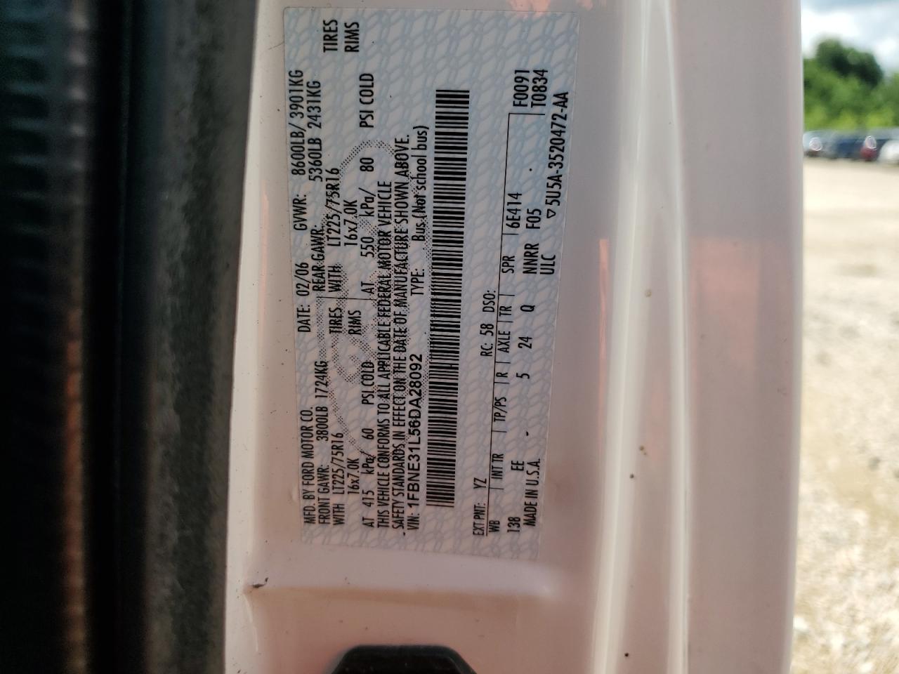 2006 Ford Econoline E350 Super Duty Wagon VIN: 1FBNE31L56DA28092 Lot: 60912505