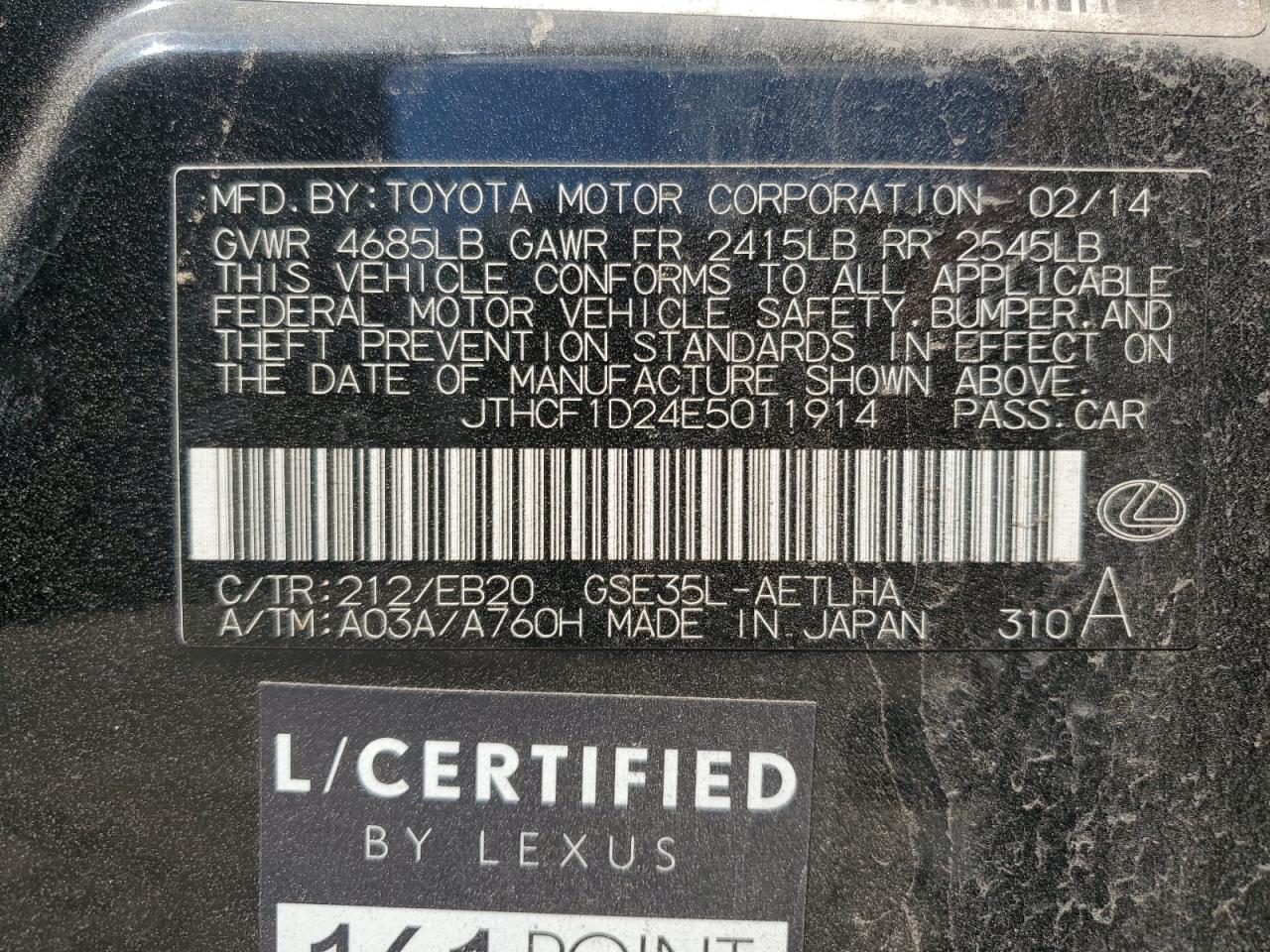 2014 Lexus Is 250 VIN: JTHCF1D24E5011914 Lot: 62309995