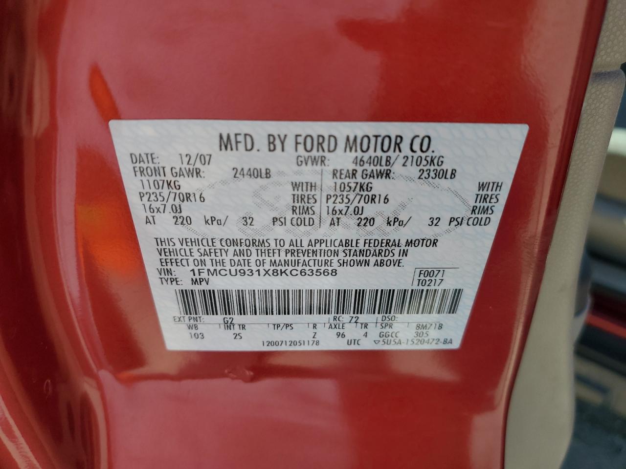 2008 Ford Escape Xlt VIN: 1FMCU931X8KC63568 Lot: 60337275