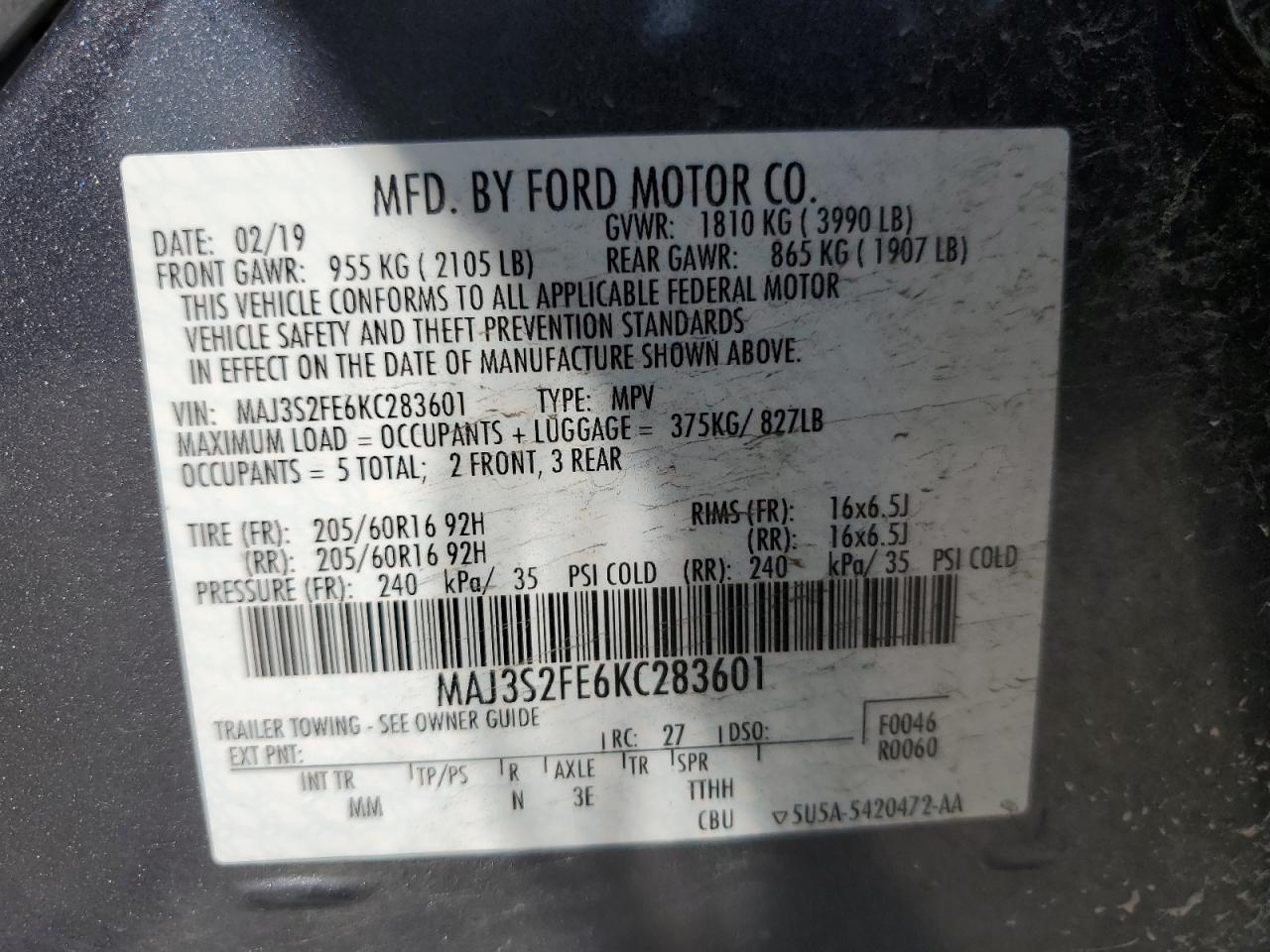 2019 Ford Ecosport S VIN: MAJ3S2FE6KC283601 Lot: 62285035
