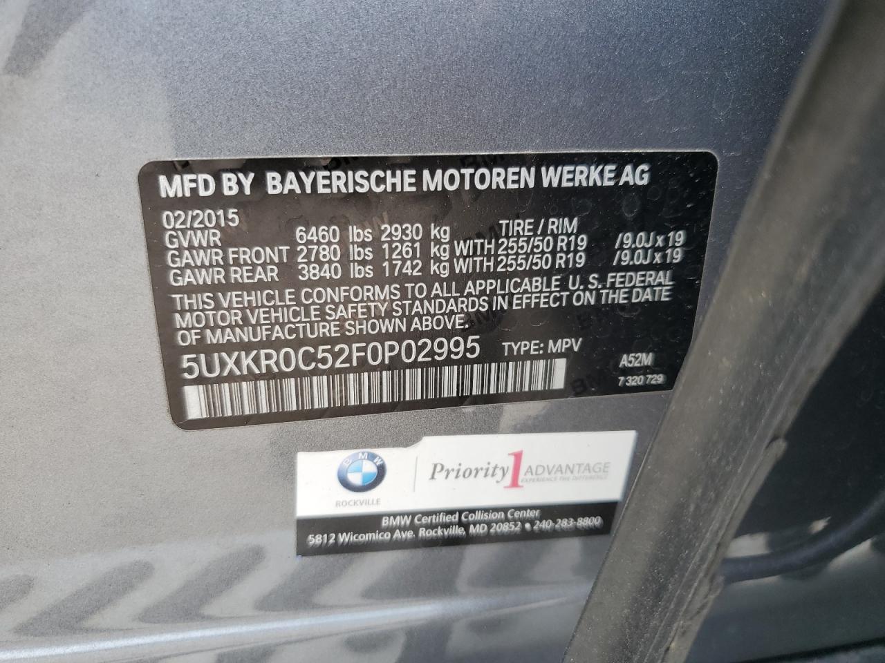 2015 BMW X5 xDrive35I VIN: 5UXKR0C52F0P02995 Lot: 59975815