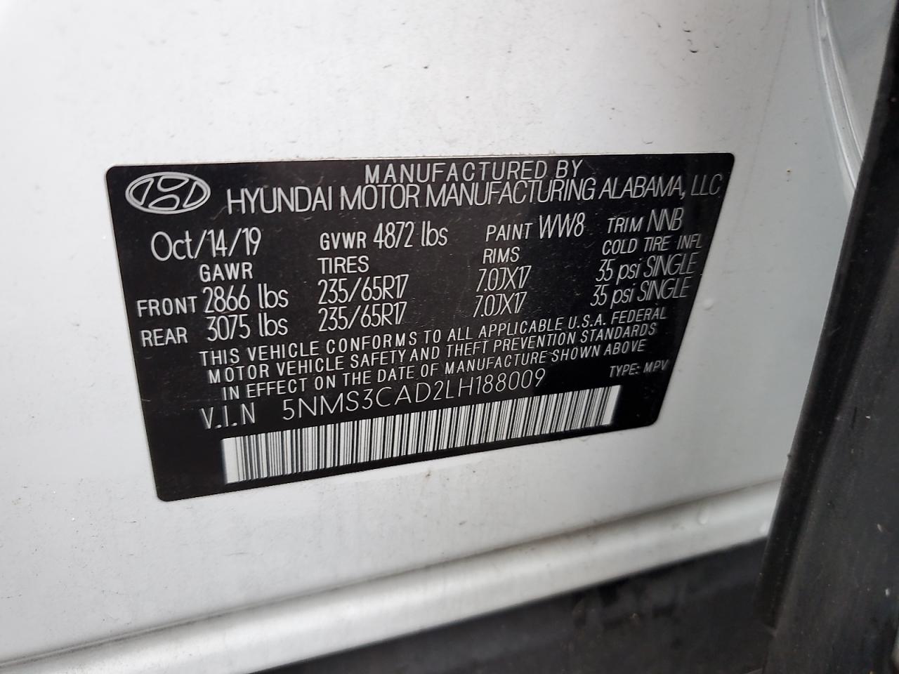 2020 Hyundai Santa Fe Sel VIN: 5NMS3CAD2LH188009 Lot: 62842885