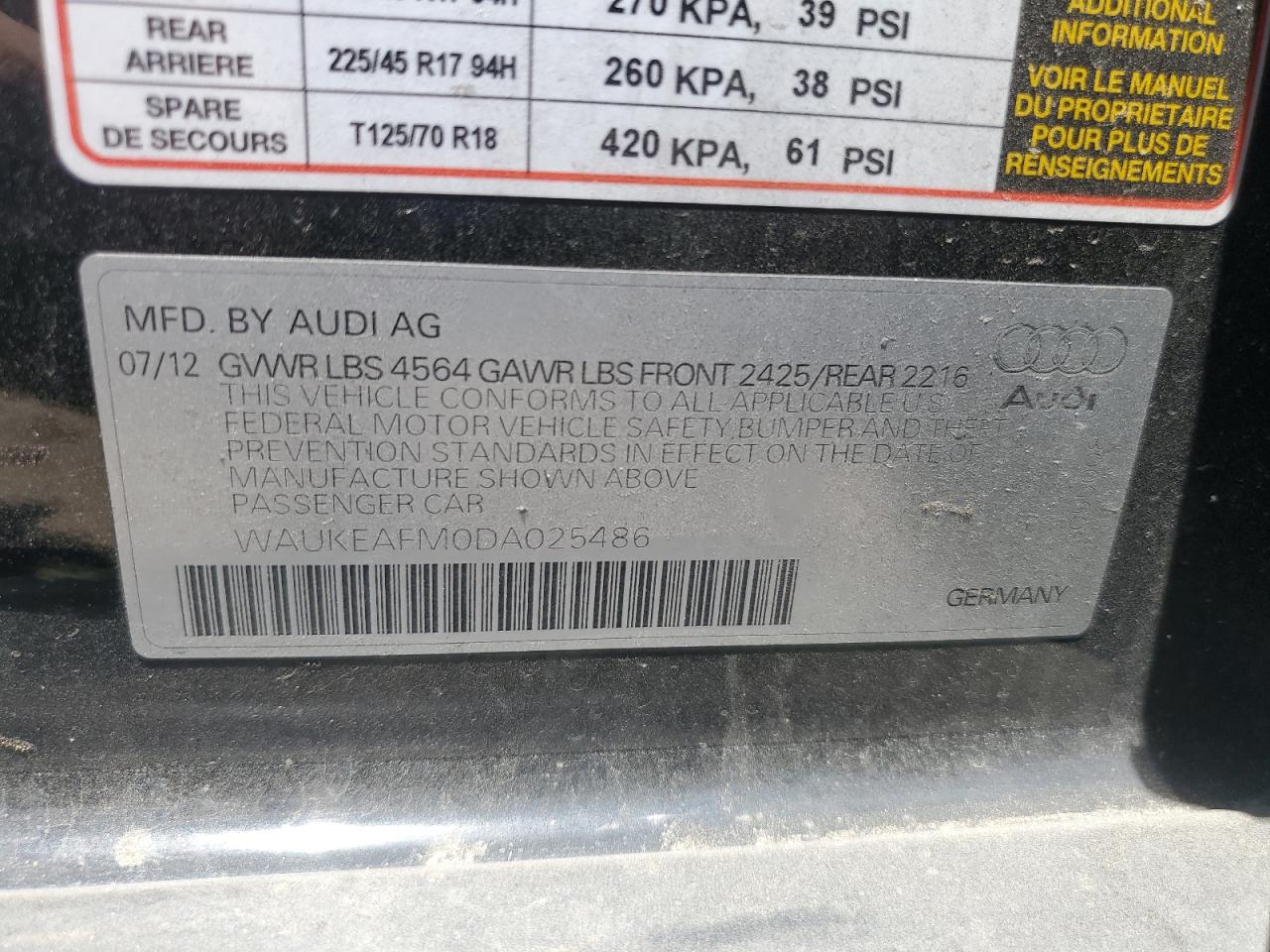2013 Audi A3 Premium Plus VIN: WAUKEAFM0DA025486 Lot: 62963395