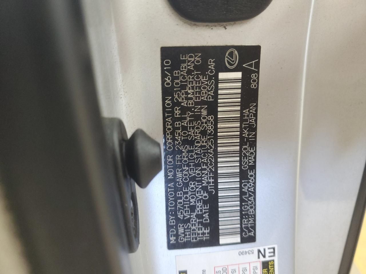 2010 Lexus Is 250 VIN: JTHFF2C2XA2513858 Lot: 60412705