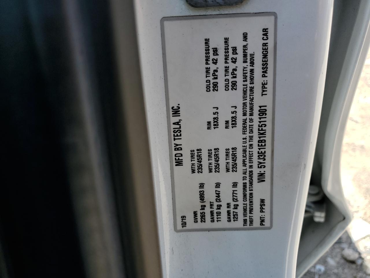 TESLA MODEL 3 2019 VIN 5YJ3E1EB1KF511901 фото 13