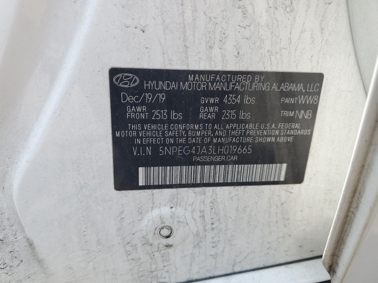2020 Hyundai Sonata Se VIN: 5NPEG4JA3LH019665 Lot: 61728785