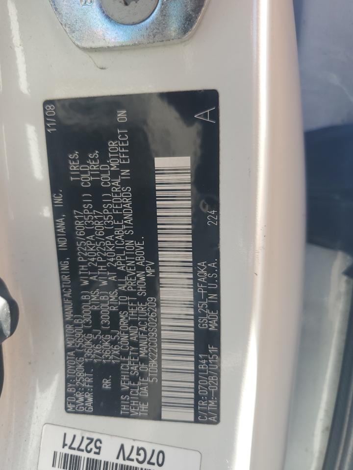 TOYOTA All Models 2009 VIN 5TDBK22C09S026209 photo 13