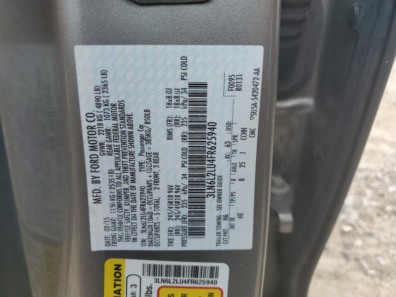 2015 Lincoln Mkz Hybrid VIN: 3LN6L2LU4FR625940 Lot: 61721025