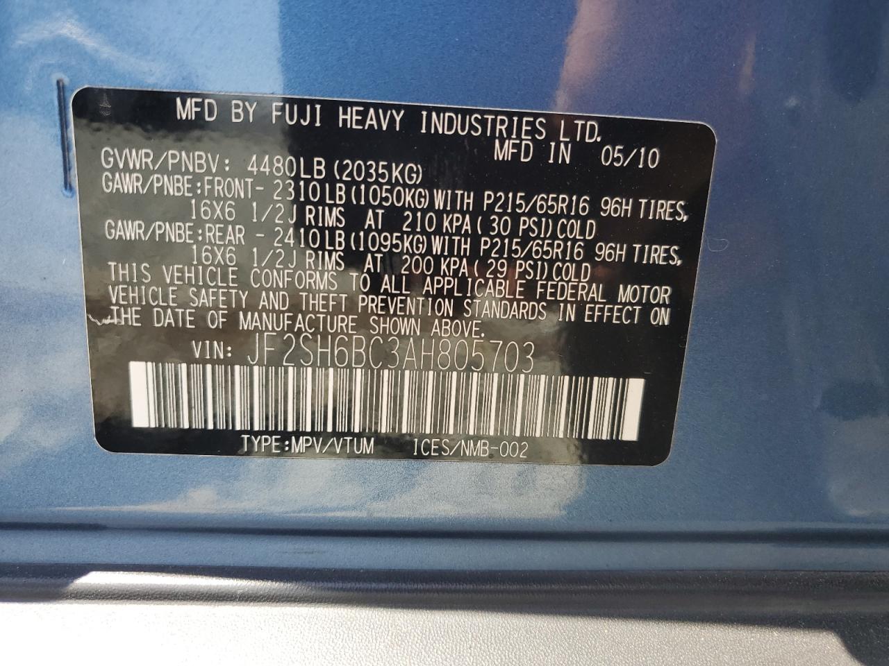 2010 Subaru Forester Xs VIN: JF2SH6BC3AH805703 Lot: 63100295