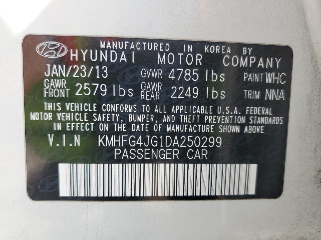 2013 Hyundai Azera VIN: KMHFG4JG1DA250299 Lot: 60899975