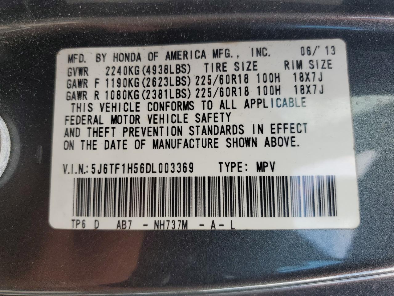 2013 Honda Crosstour Exl VIN: 5J6TF1H56DL003369 Lot: 61236925