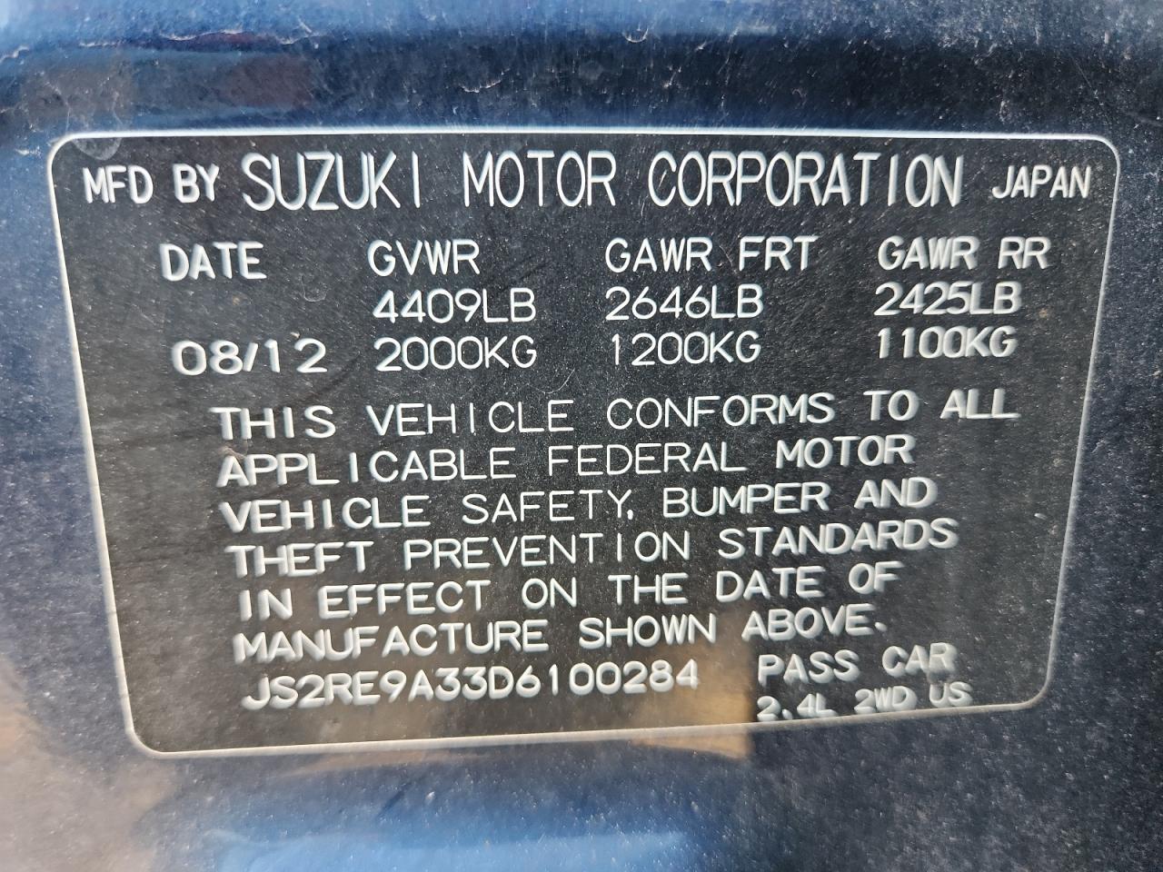 2013 Suzuki Kizashi Se VIN: JS2RE9A33D6100284 Lot: 62320025