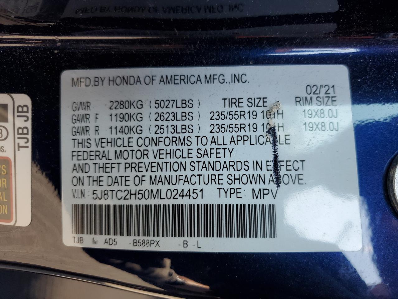 2021 Acura Rdx Technology VIN: 5J8TC2H50ML024451 Lot: 61895915
