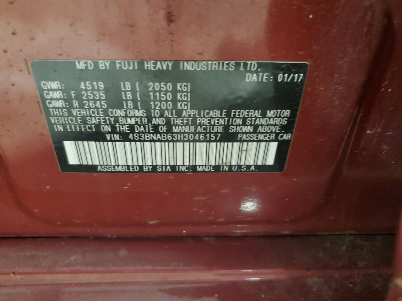 2017 Subaru Legacy 2.5I VIN: 4S3BNAB63H3046157 Lot: 63017585