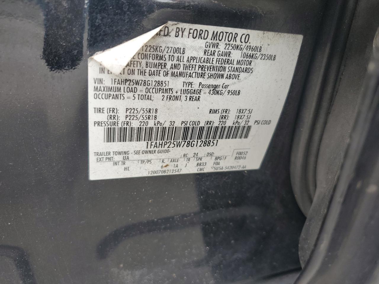 2008 Ford Taurus Limited VIN: 1FAHP25W78G128851 Lot: 61254015