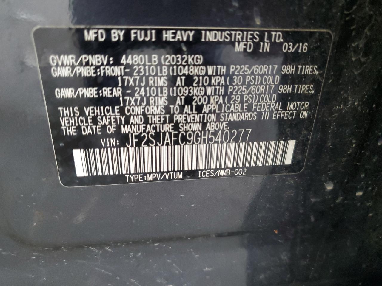 2016 Subaru Forester 2.5I Premium VIN: JF2SJAFC9GH540277 Lot: 63035145