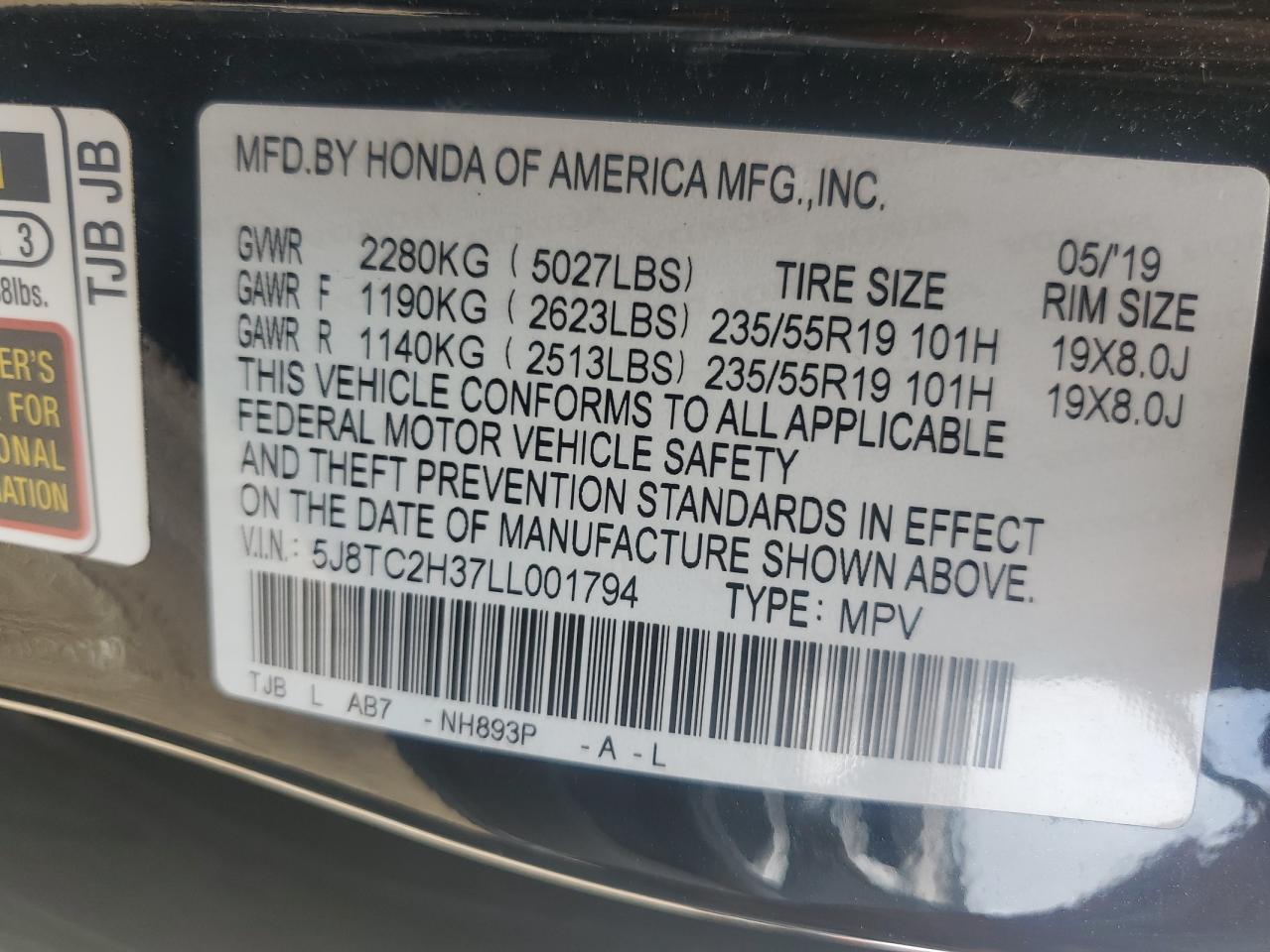 2020 Acura Rdx VIN: 5J8TC2H37LL001794 Lot: 62177365