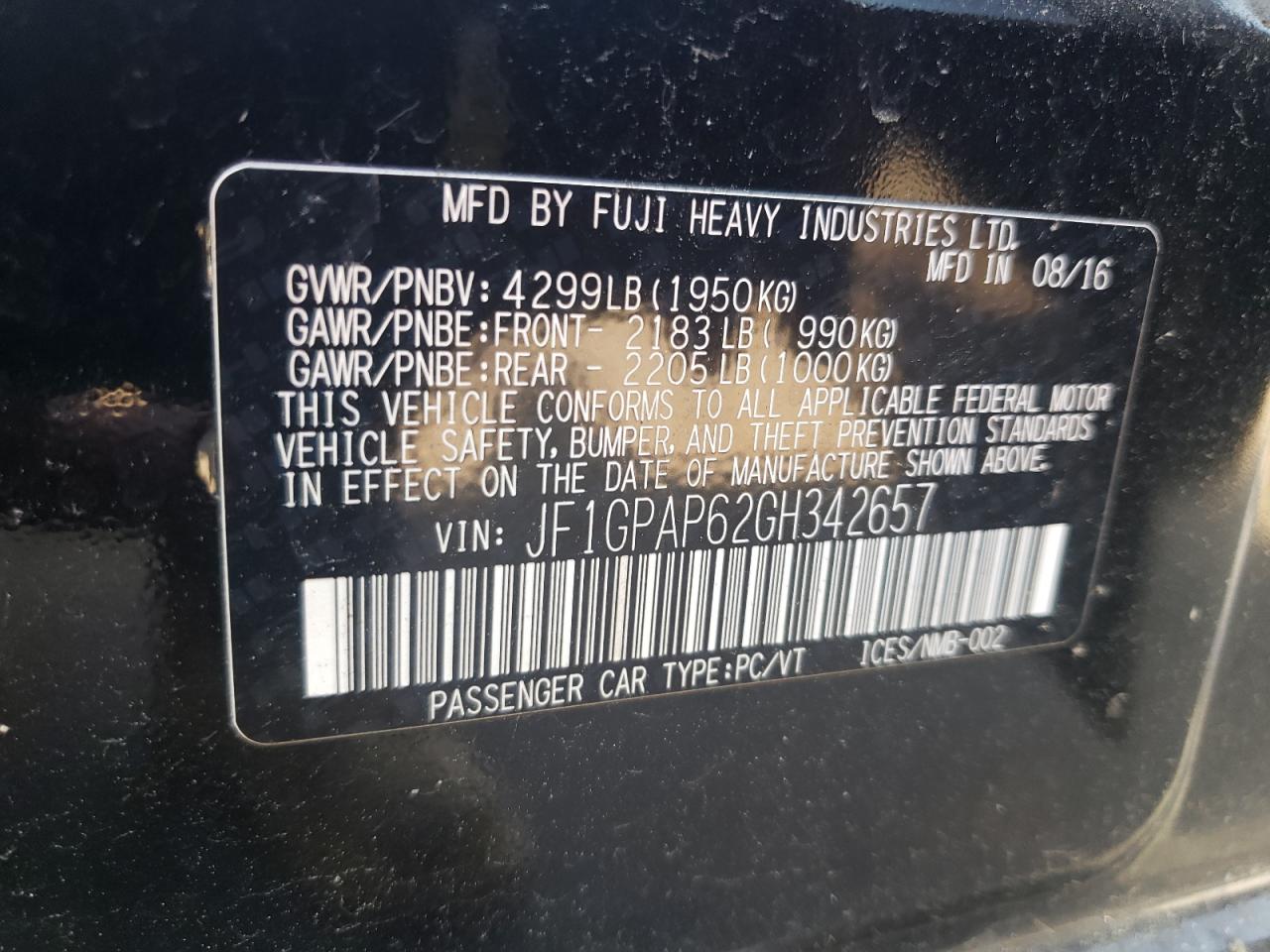 2016 Subaru Impreza Sport Premium VIN: JF1GPAP62GH342657 Lot: 61999935