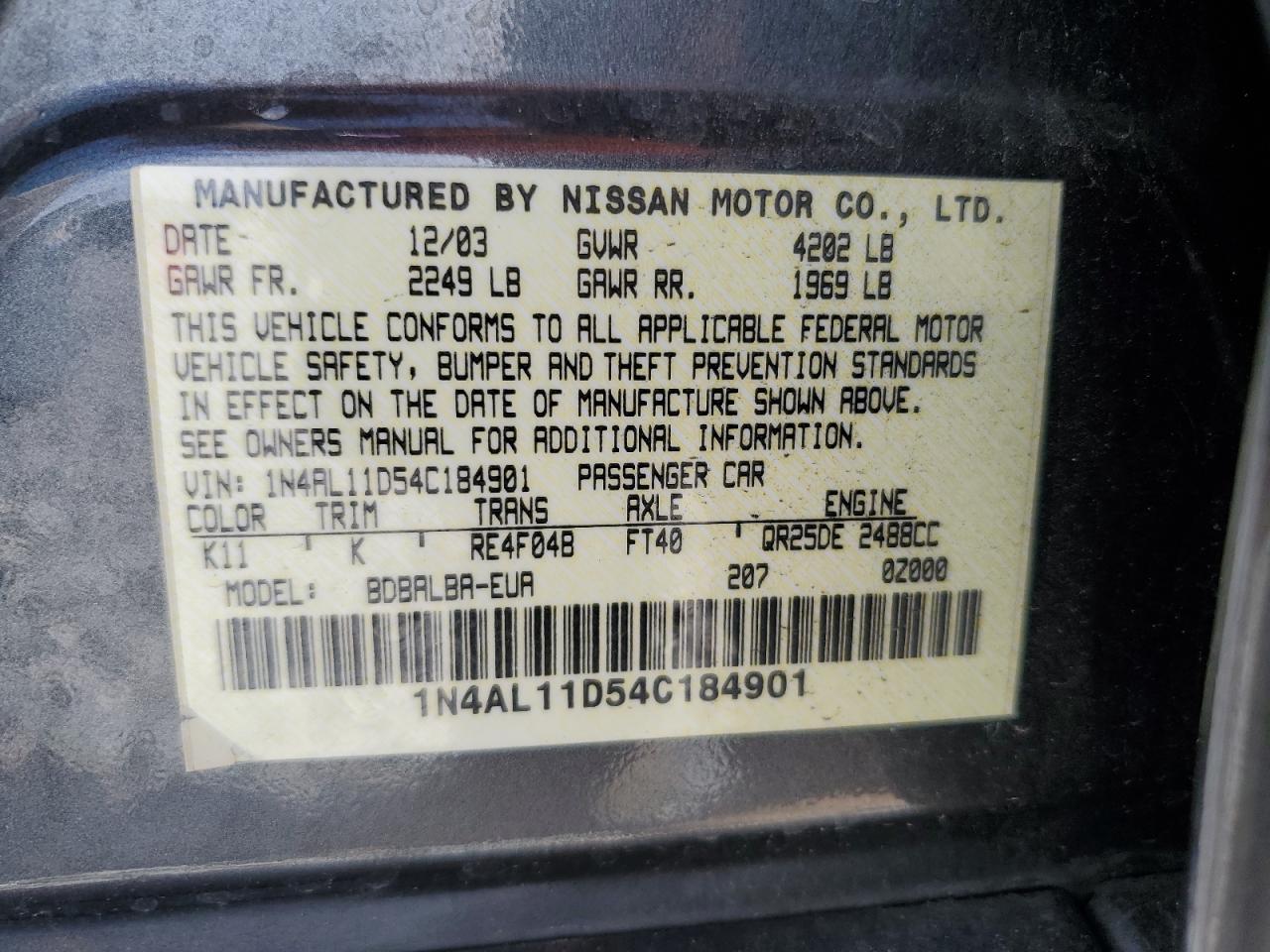 2004 Nissan Altima Base VIN: 1N4AL11D54C184901 Lot: 62081485