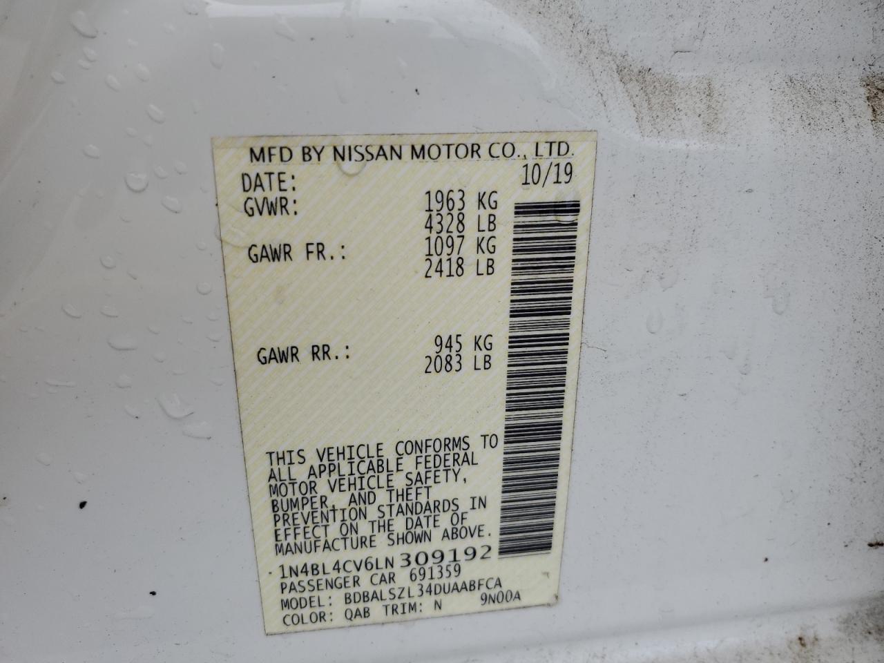 2020 Nissan Altima Sr VIN: 1N4BL4CV6LN309192 Lot: 61607355
